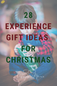 Boy opening a Christmas gift with text overlay: 28 Experience Gift Ideas for Christmas | Disciple Mama